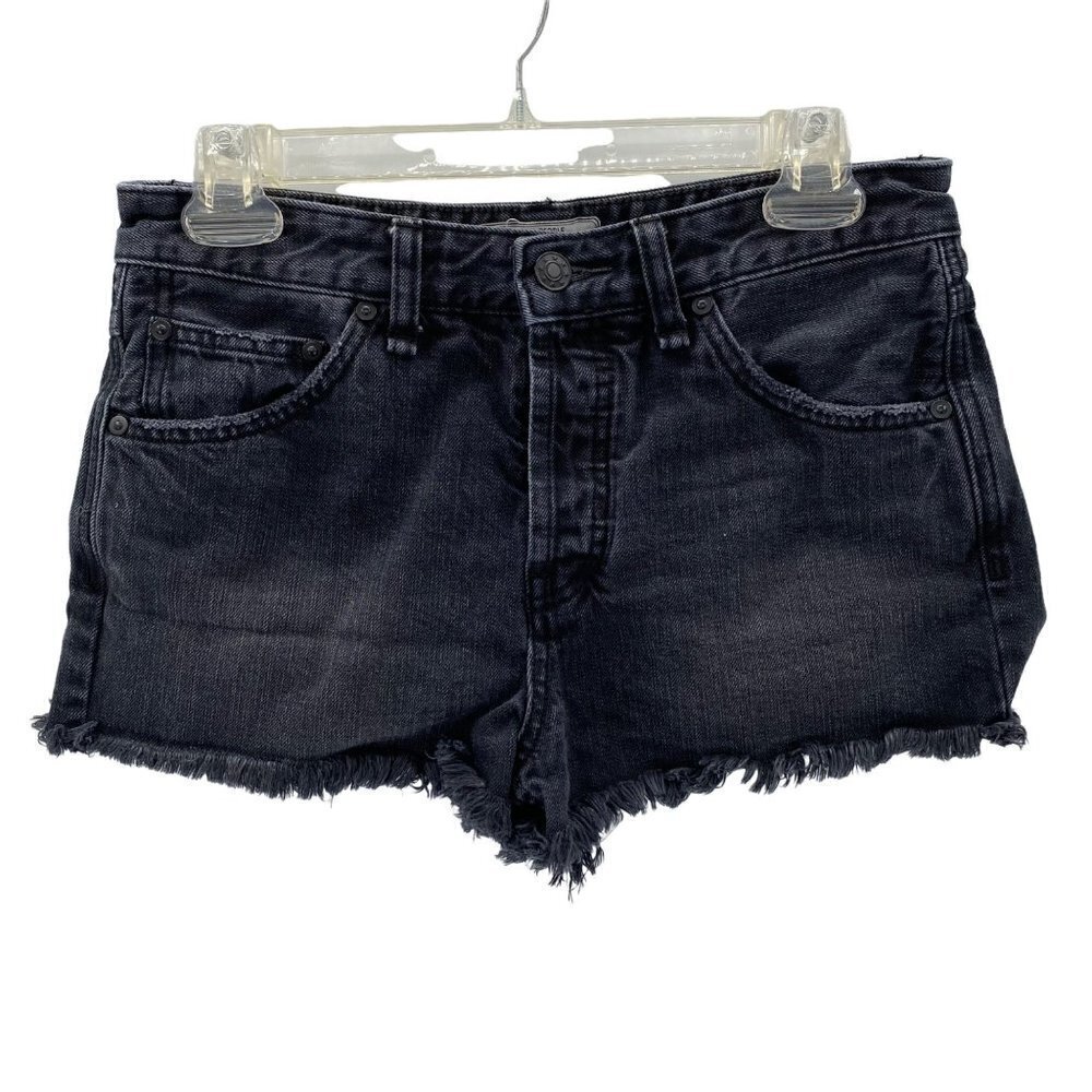 Free People Black Denim Raw Hem Button Fly Shorts Women's Size 26